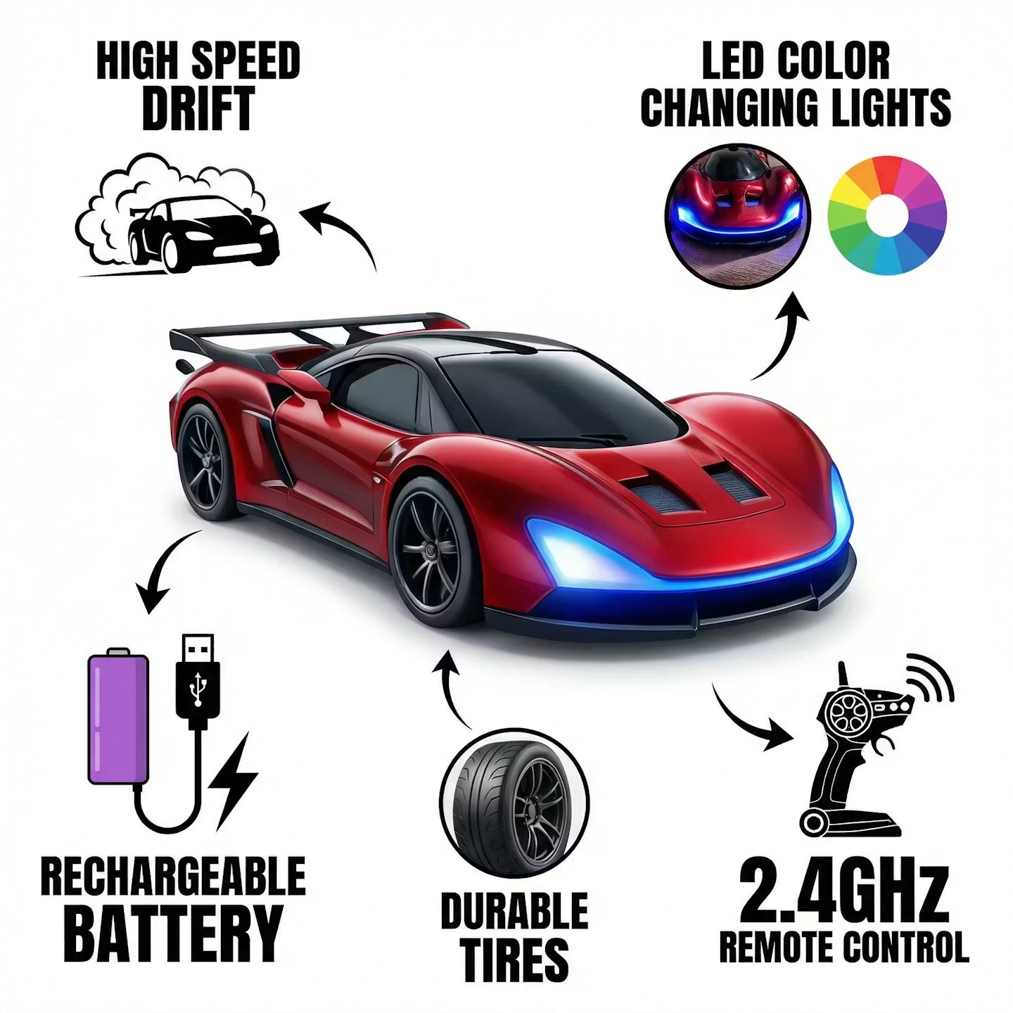 High-Speed RC Drift Car with LED Underglow & Racing Cones