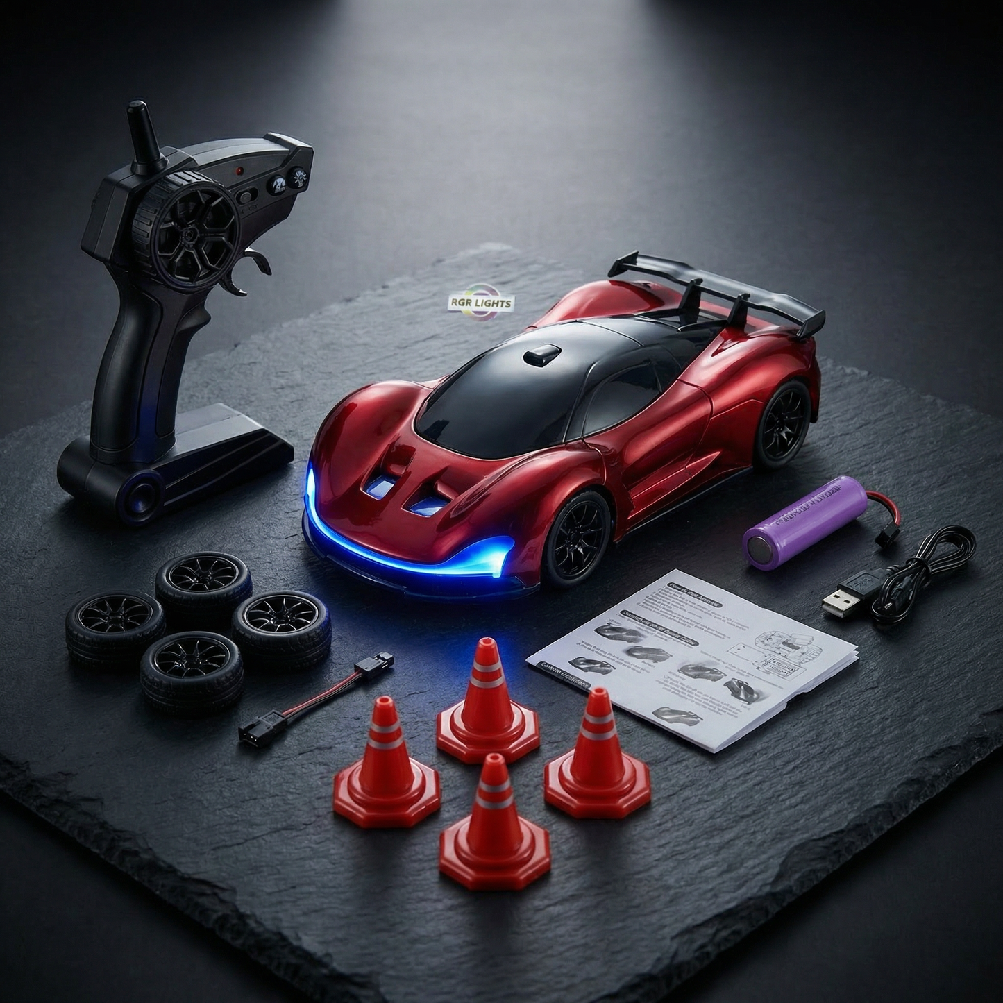 High-Speed RC Drift Car with LED Underglow & Racing Cones