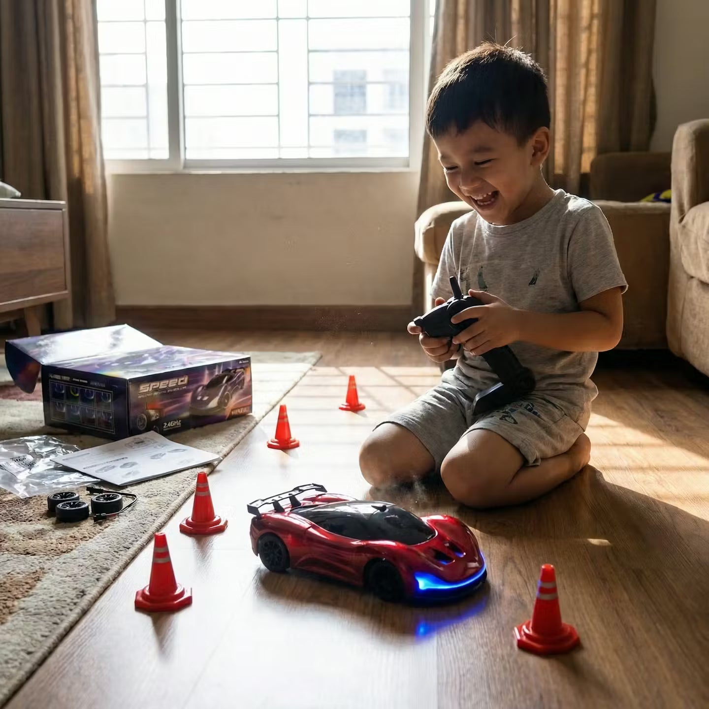 High-Speed RC Drift Car with LED Underglow & Racing Cones