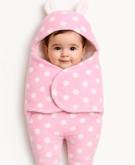 Soft Plush Hooded Baby Swaddle Wrap – Pink Polka Dot